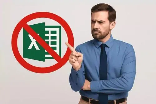 Hombre de negocios rechazando el uso de Excel con un icono de prohibido sobre el logo de la hoja de cálculo