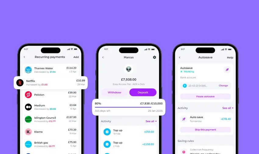 Interfaz de la app Emma con pagos recurrentes y ahorro automático mediante inteligencia artificial