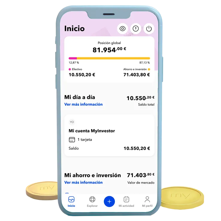 App de MyInvestor mostrando posición global, saldo y ahorro e inversión en euros