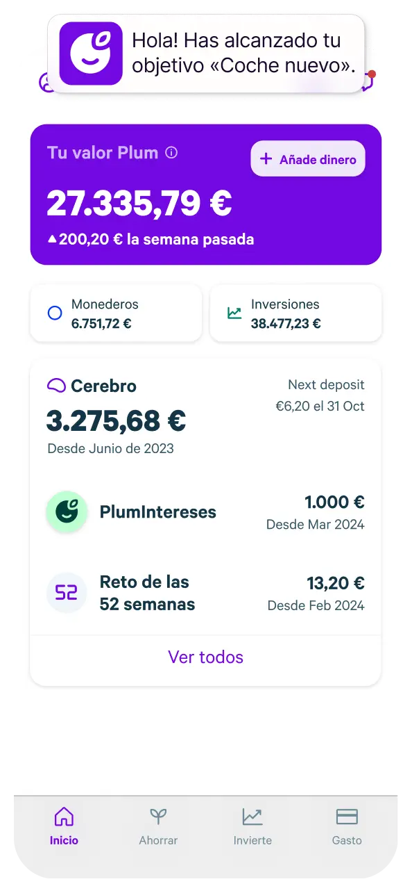 App Plum mostrando ahorro automático, inversiones y objetivo de ahorro cumplido