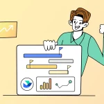 Ilustración de una persona dando el visto bueno junto a un panel con gráficos financieros y un indicador de tendencia ascendente