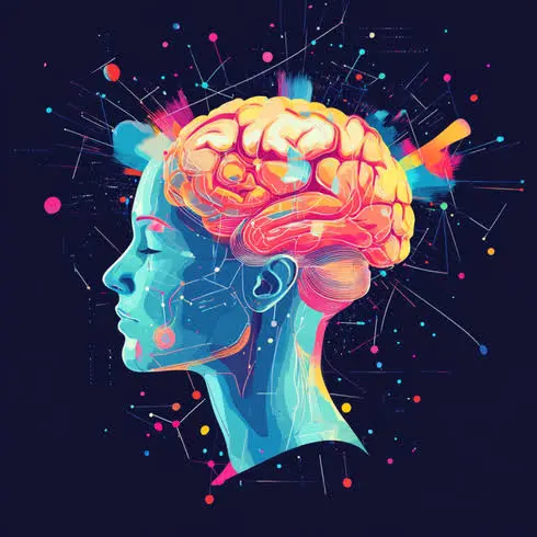 Ilustración de una cabeza humana con un cerebro iluminado y conexiones de datos, representando cómo la automatización financiera reduce el estrés mental