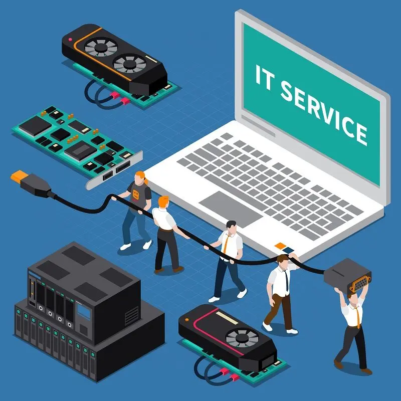 Ilustración de un equipo técnico conectando servidores y componentes bajo el rótulo "IT Service", representando el soporte técnico de un SaaS