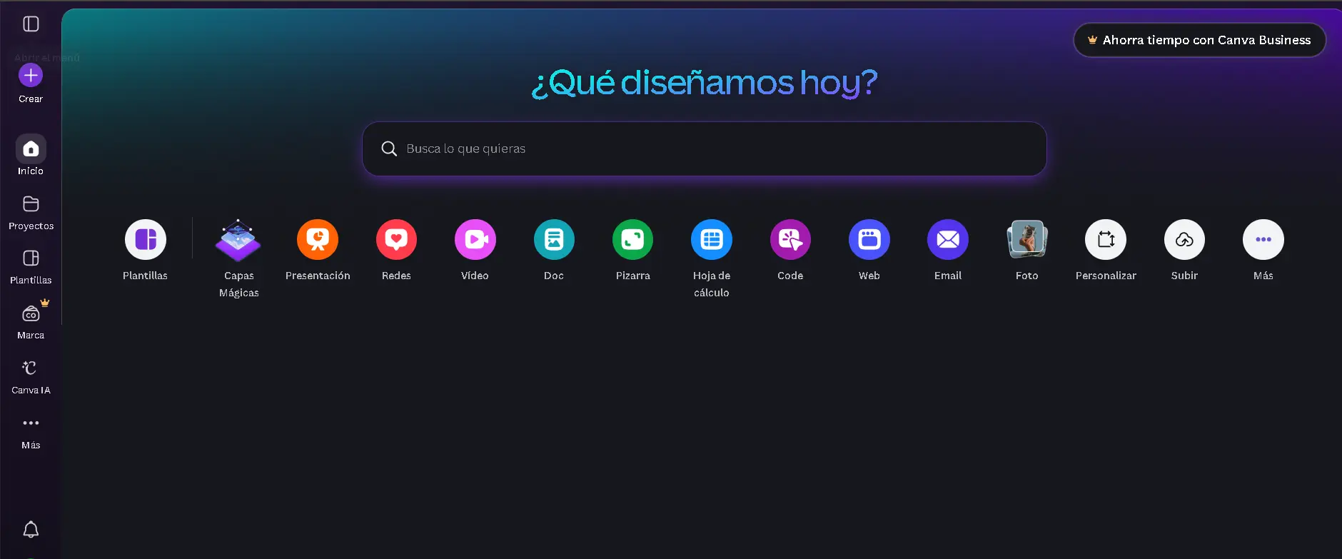 Pantalla de inicio de Canva con herramientas de diseño disponibles como plantillas, presentaciones y redes