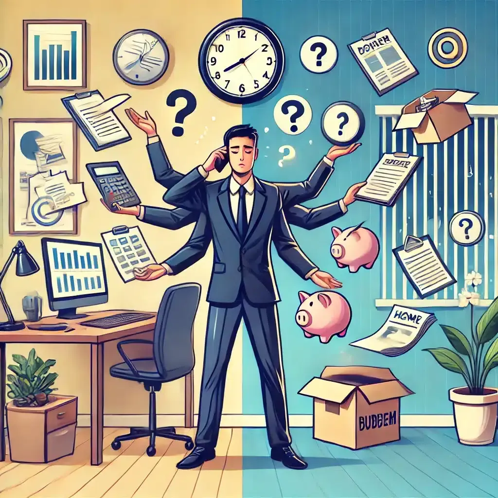 Ilustración de un profesional abrumado gestionando múltiples tareas financieras simultáneas, representando la carga cognitiva de la gestión analógica