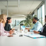 Equipo directivo reunido en una sala de juntas revisando datos financieros en un portátil, representando el papel del CFO Virtual