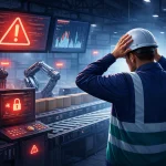 Trabajador con casco sujetándose la cabeza frente a pantallas de alerta y errores en una línea de producción automatizada, representando el coste oculto de la desorganización digital