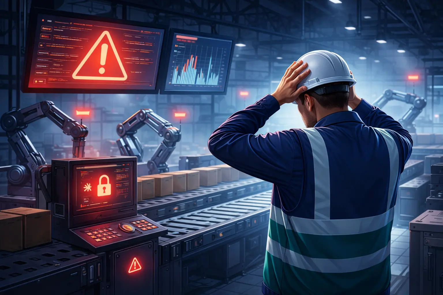 Trabajador con casco sujetándose la cabeza frente a pantallas de alerta y errores en una línea de producción automatizada, representando el coste oculto de la desorganización digital