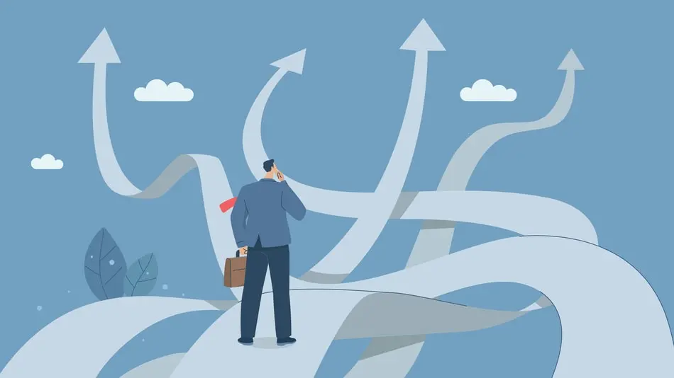 Ilustración de un empresario dudando entre múltiples caminos, representando la parálisis en la toma de decisiones financieras