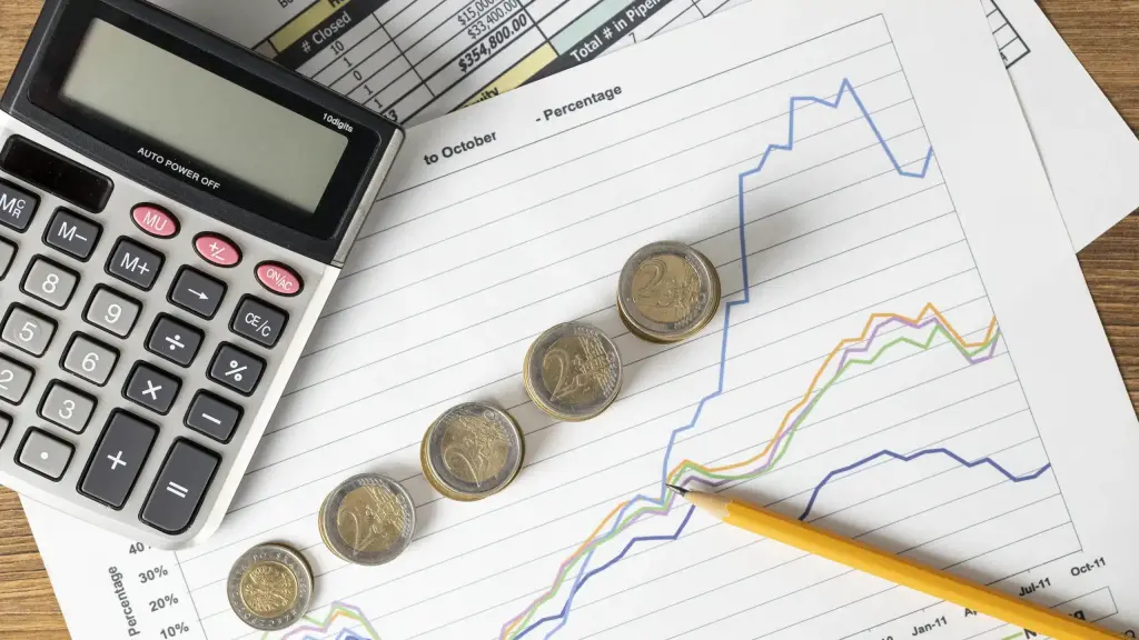 Calculadora, monedas de euro y gráficos financieros sobre una mesa, representando el coste del tiempo perdido en la transferencia manual de datos