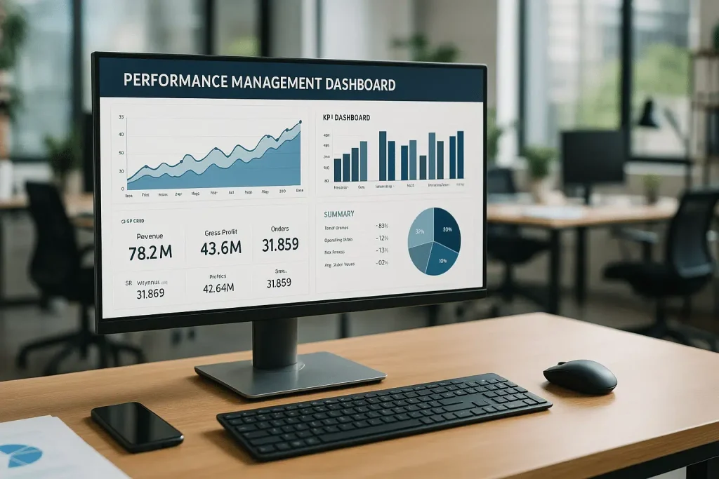 Monitor de escritorio mostrando un dashboard de gestión de rendimiento con gráficos de ingresos, beneficios y resumen financiero