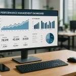 Monitor de escritorio mostrando un dashboard de gestión de rendimiento con gráficos de ingresos, beneficios y resumen financiero