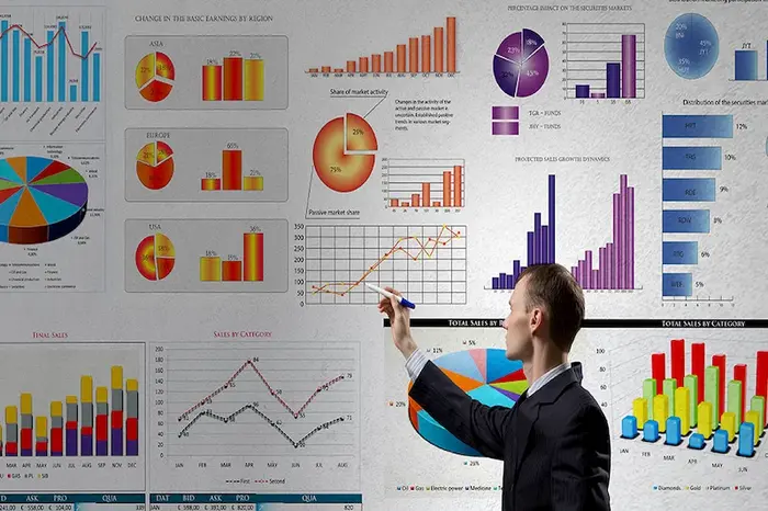 Persona señalando una pared de gráficos y paneles financieros con datos de ventas, ingresos y distribución de mercado