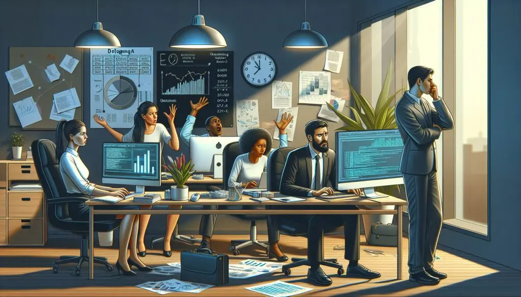 Ilustración de un equipo de oficina estresado rodeado de gráficos y datos financieros, representando la duda de delegar el control económico