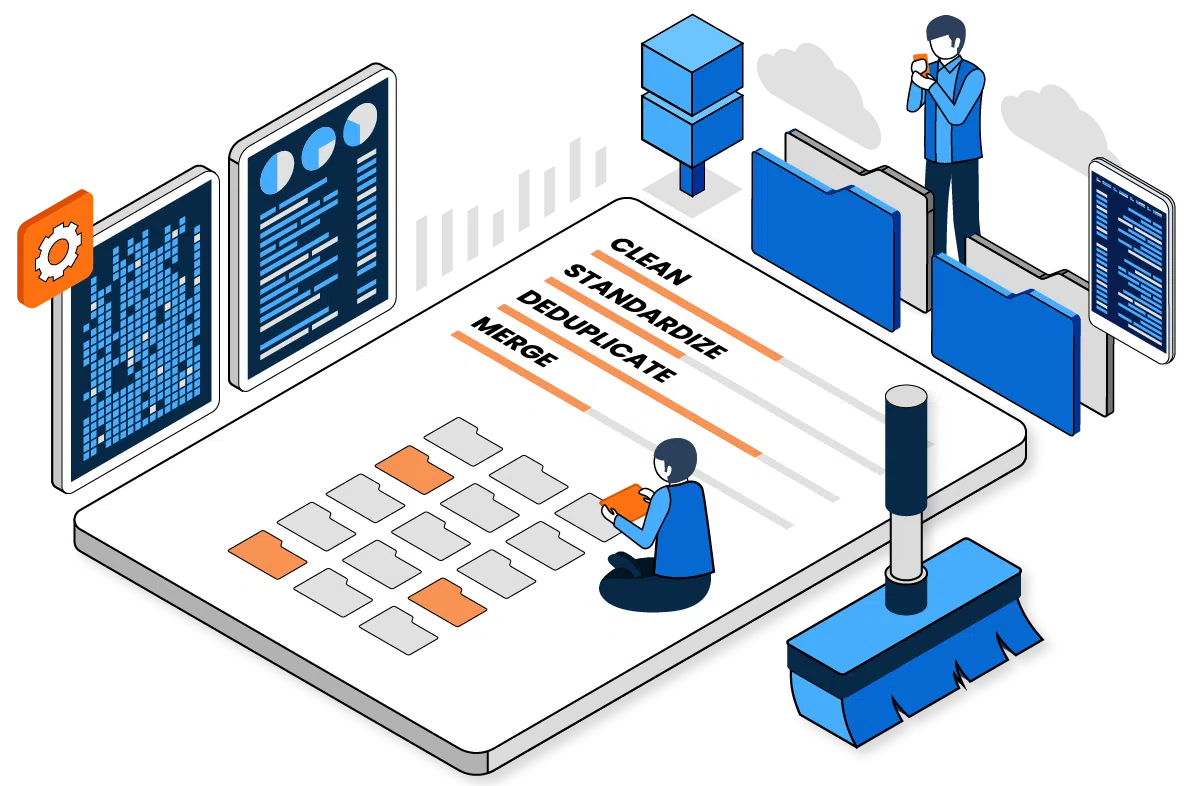 Ilustración de una persona limpiando y organizando datos digitales mediante procesos de depuración, estandarización y fusión de archivos