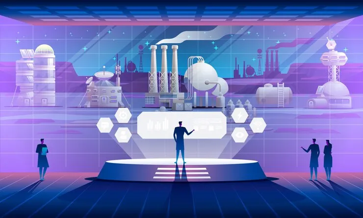 Ilustración de [elemento principal] en un entorno futurista con [colores/luces característicos] y estilo [tecnológico/cyberpunk/minimalista].