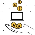 Ilustración de monedas cayendo hacia un portátil y una mano recibiendo dinero, representando la estabilización de ingresos variables mediante SaaS financieros