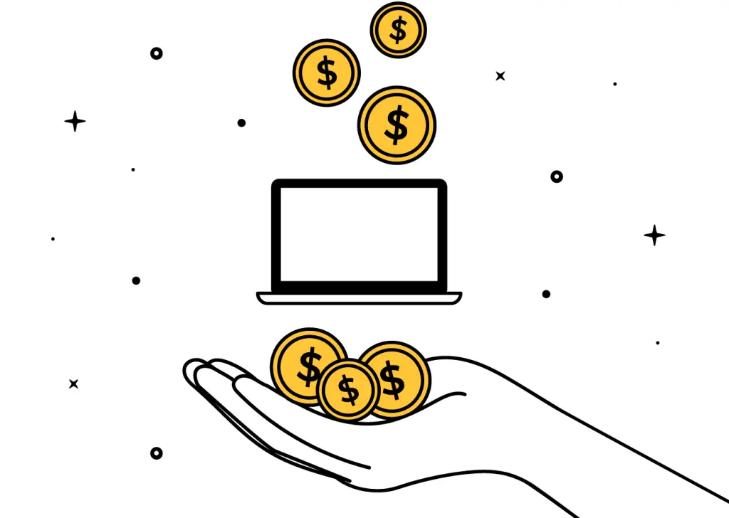 Ilustración de monedas cayendo hacia un portátil y una mano recibiendo dinero, representando la estabilización de ingresos variables mediante SaaS financieros