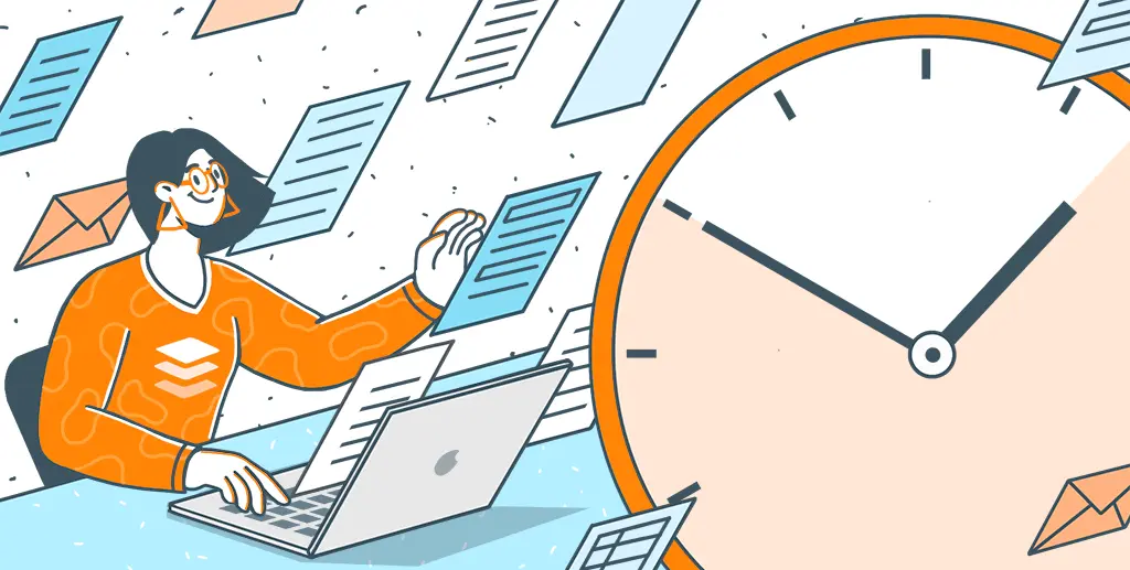 Ilustración de una persona trabajando rodeada de documentos volando y un reloj, representando el desorden que resuelve un sistema SaaS coherente