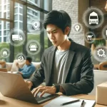 Persona trabajando en un portátil rodeada de iconos flotantes de logística y comercio, representando la saturación de herramientas digitales