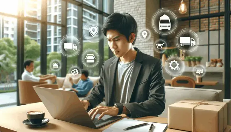 Persona trabajando en un portátil rodeada de iconos flotantes de logística y comercio, representando la saturación de herramientas digitales