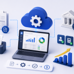 Ilustración de un flujo de contabilidad automatizado conectando facturas, banco y laptop a través de la nube