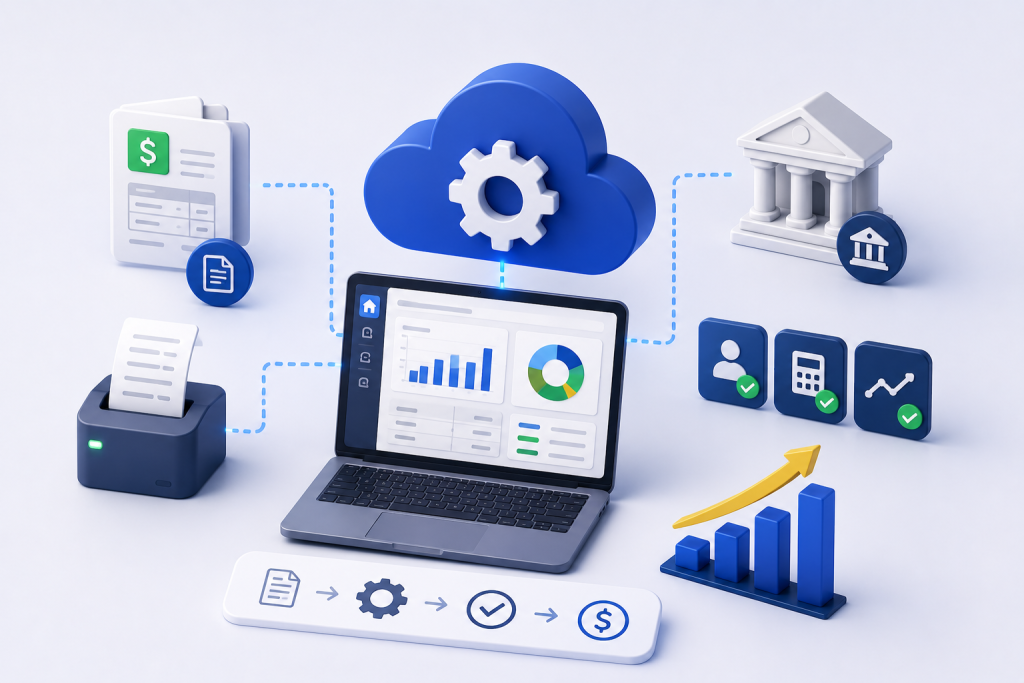 Ilustración de un flujo de contabilidad automatizado conectando facturas, banco y laptop a través de la nube