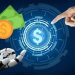 Mano robótica y mano humana tocando un símbolo de dólar digital, representando el futuro de la gestión monetaria y las tendencias en SaaS financieros