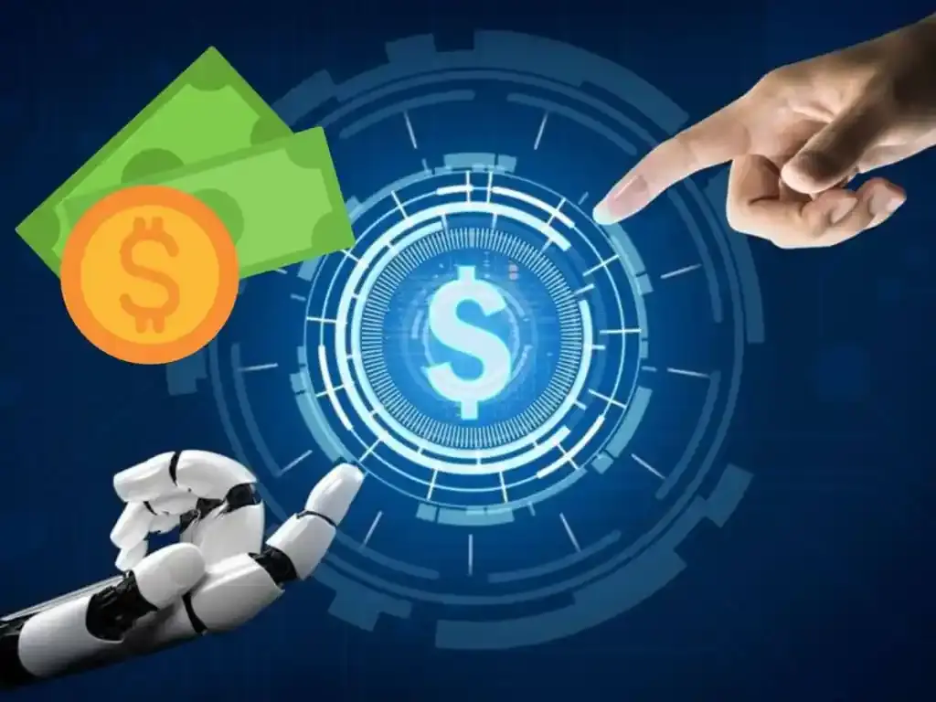 Mano robótica y mano humana tocando un símbolo de dólar digital, representando el futuro de la gestión monetaria y las tendencias en SaaS financieros