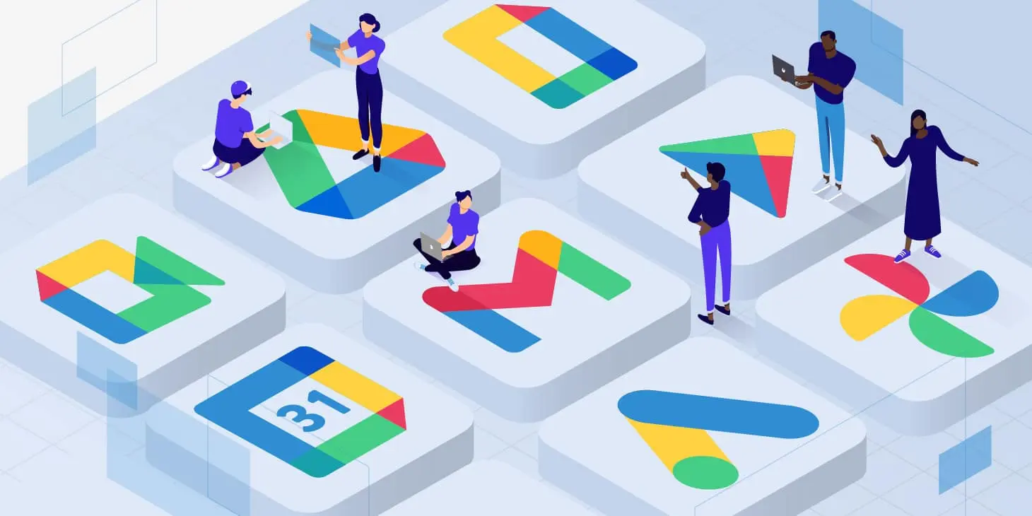 Ilustración de personas trabajando sobre los iconos de Google Drive, Gmail, Calendar y otras apps del ecosistema