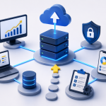 Diagrama de infraestructura digital financiera con dispositivos conectados a servidores en la nube, gráficos y seguridad