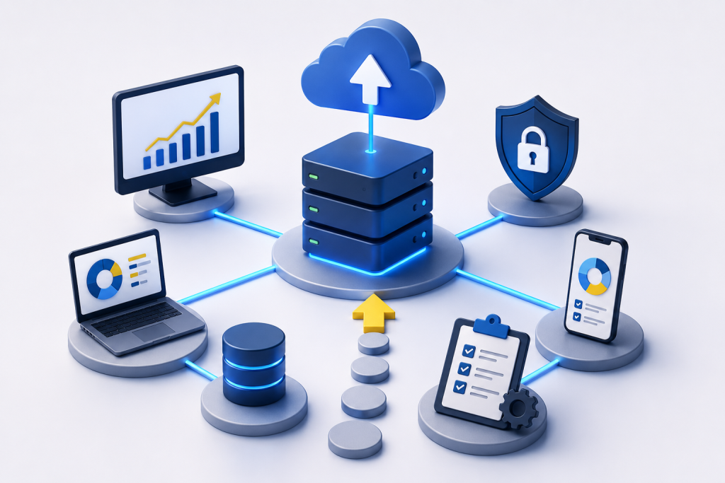 Diagrama de infraestructura digital financiera con dispositivos conectados a servidores en la nube, gráficos y seguridad