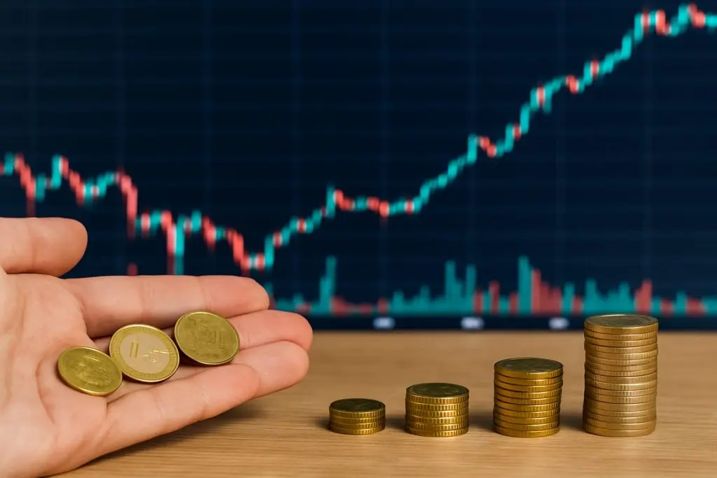Mano sosteniendo monedas junto a pilas de monedas crecientes con un gráfico bursátil de fondo, representando cómo invertir sin miedo de forma sencilla