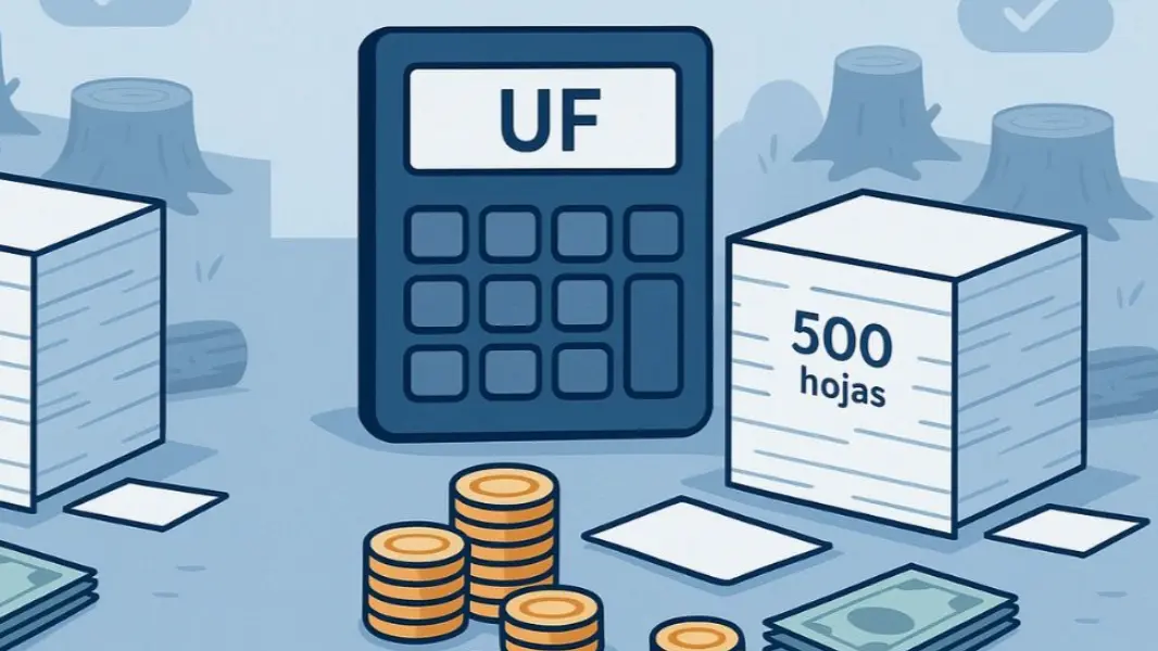 Ilustración de una calculadora con indicador UF junto a monedas y resma de papel, representando los compromisos financieros y costes recurrentes