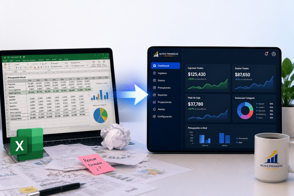 Comparativa entre una hoja de cálculo de Excel desordenada y un dashboard financiero SaaS con gráficos de ingresos, gastos y flujo de caja