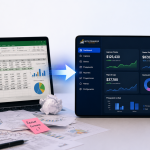 Comparativa entre una hoja de cálculo de Excel desordenada y un dashboard financiero SaaS con gráficos de ingresos, gastos y flujo de caja