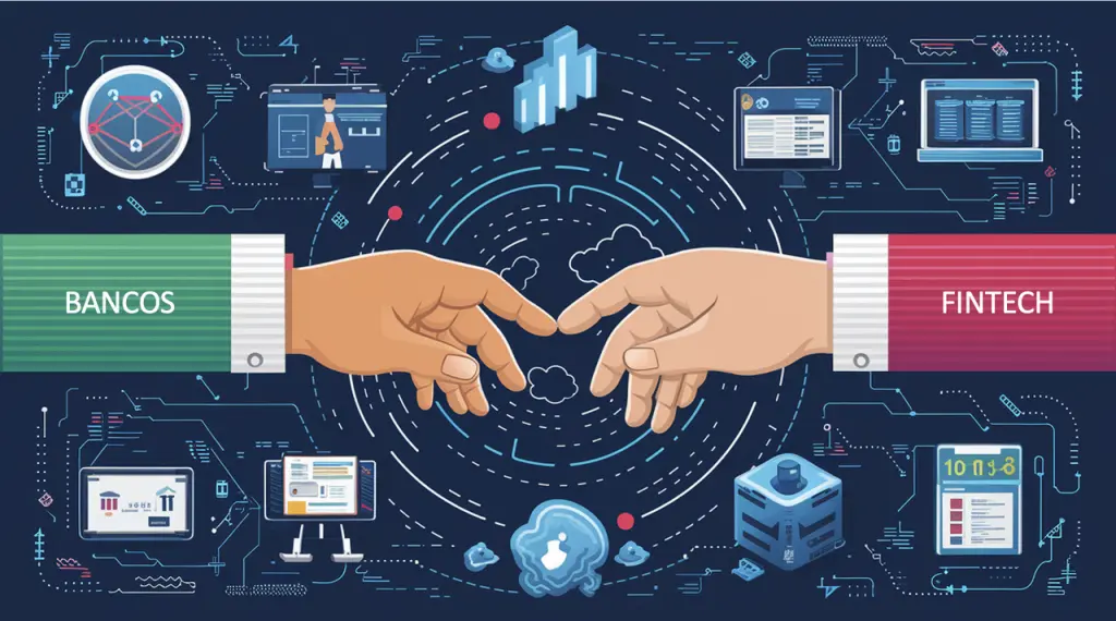 Ilustración de dos manos, una representando a la banca tradicional y otra a las fintech, conectándose mediante tecnología