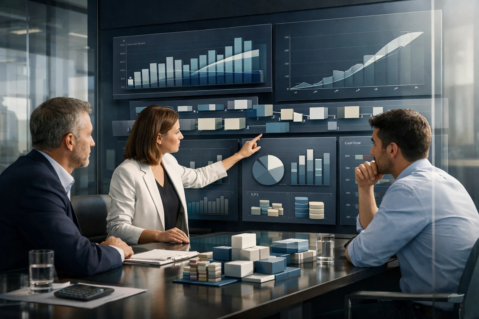 Reunión de equipo analizando gráficos de rendimiento y KPIs financieros en pantallas digitales para implementar un modelo de finanzas como servicio en una PYME.