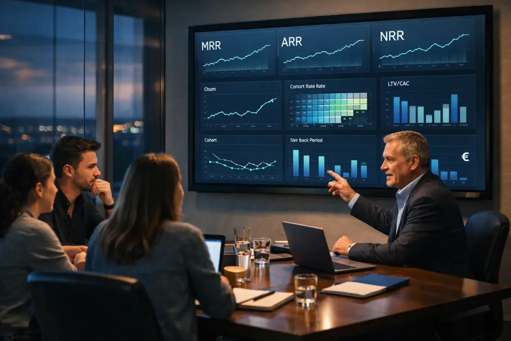Directivo mostrando un panel de métricas financieras (MRR, ARR, NRR) a su equipo en una sala de reuniones