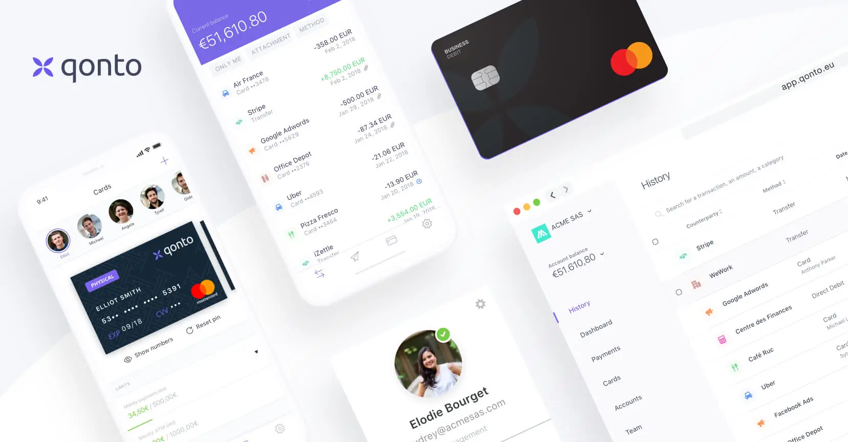 Interfaz de la app y tarjeta de Qonto mostrando movimientos bancarios y saldo en tiempo real
