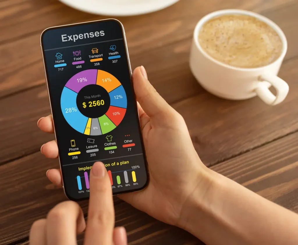 Persona sosteniendo un móvil con una app de gastos mostrando un gráfico circular y categorías de consumo mensual