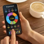 Persona sosteniendo un móvil con una app de gastos mostrando un gráfico circular y categorías de consumo mensual