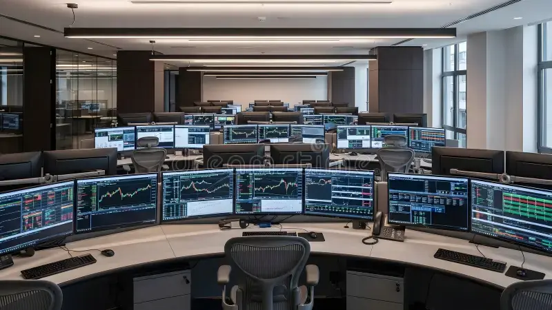 Sala de control con múltiples monitores mostrando gráficos financieros en tiempo real, representando una sala de control digital