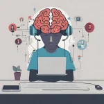 Persona con auriculares y un cerebro ilustrado conectado a dispositivos digitales, representando la relación entre la salud mental y las herramientas financieras