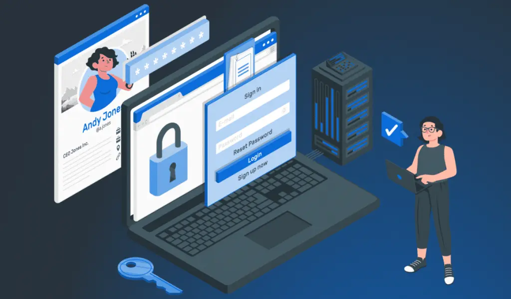 Ilustración de un portátil con pantallas de inicio de sesión y un candado, representando la seguridad y protección de datos en apps financieras