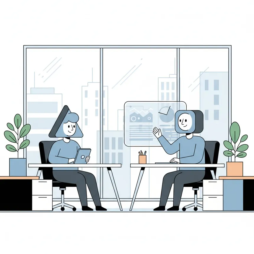 Ilustración minimalista de dos profesionales con formas geométricas analizando gráficos financieros claros en una pantalla flotante dentro de una oficina moderna y despejada, representando un sistema de gestión financiera simple pero potente.