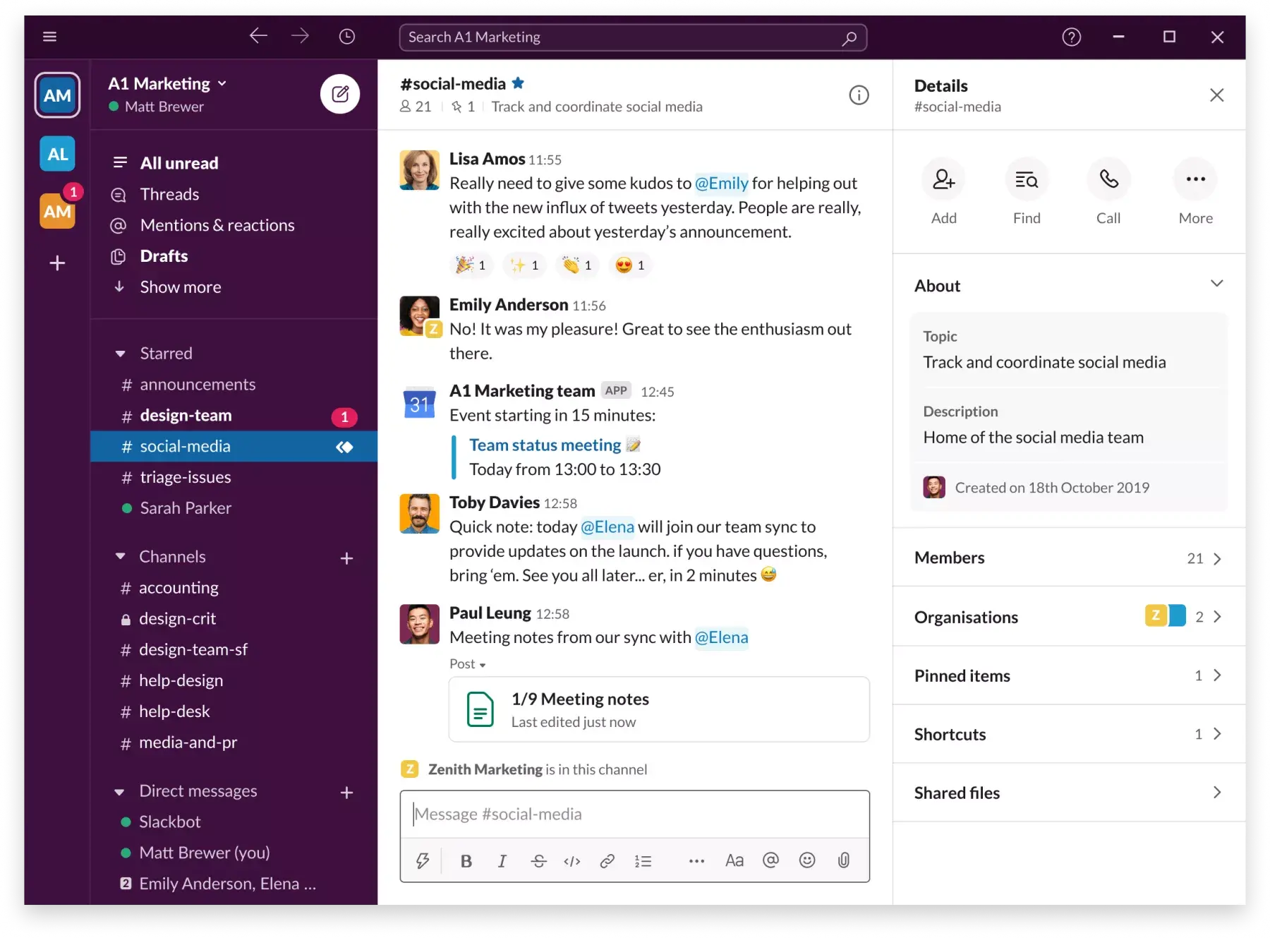Conversación de equipo en un canal de Slack, representando la comunicación rápida entre departamentos