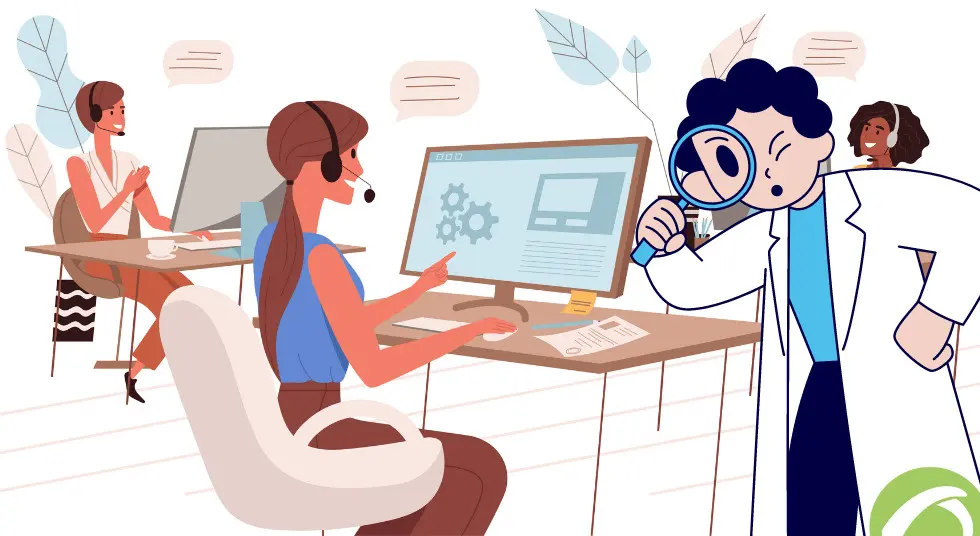 Ilustración de personas trabajando en atención al cliente mientras una figura supervisa el sistema con una lupa