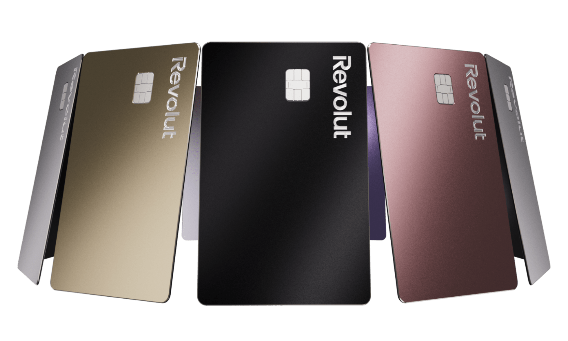 Tarjetas Revolut oro, negra y rosa: cuenta bancaria digital para control de gastos y cambio de divisas