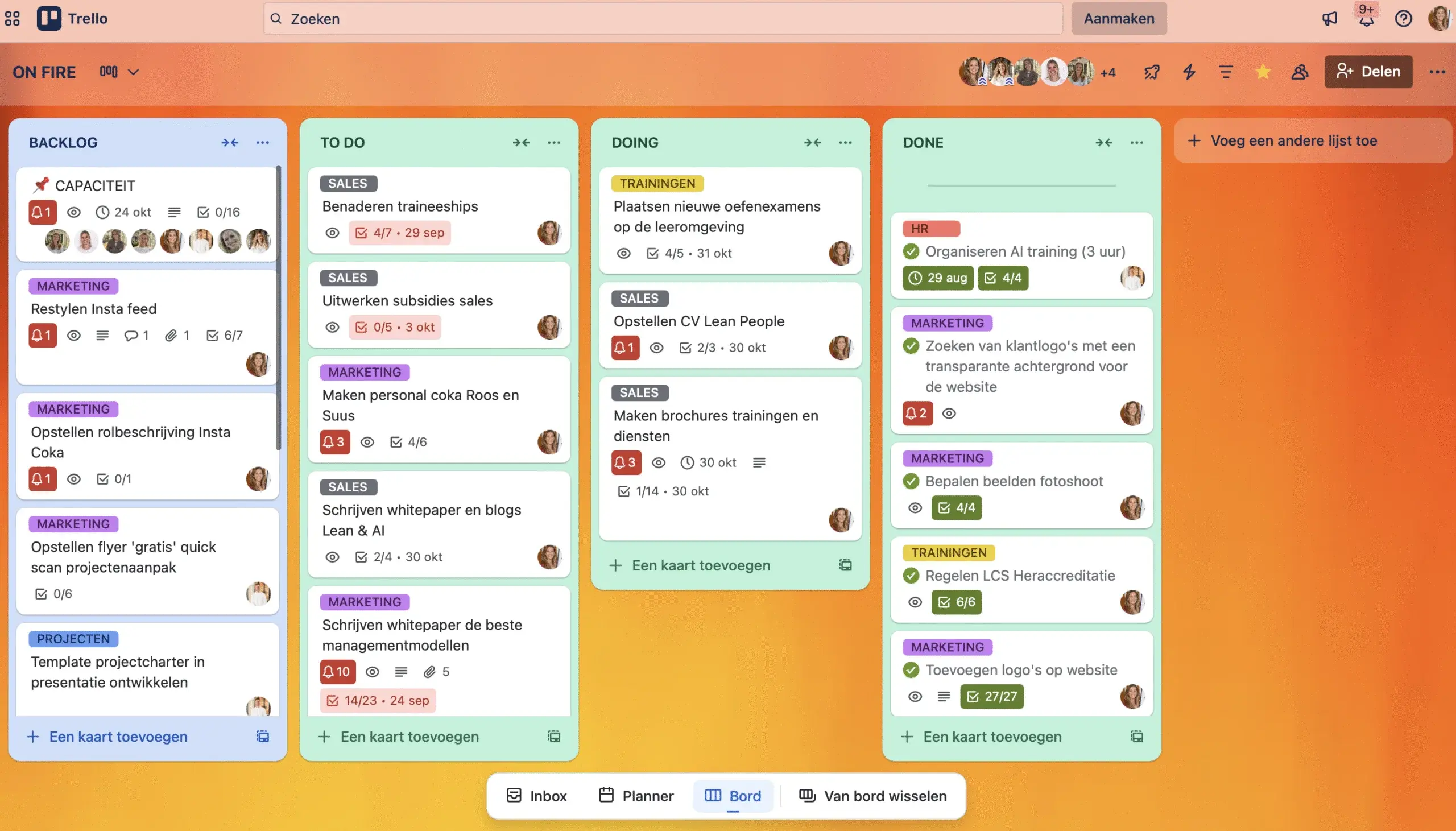 Tablero de Trello con tarjetas organizadas en columnas de backlog, tareas pendientes y completadas